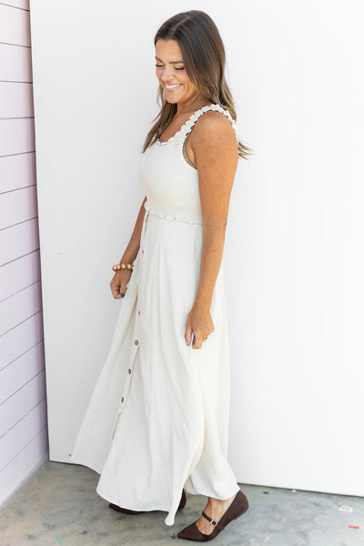 Natural Smocked Button Down Midi Dress