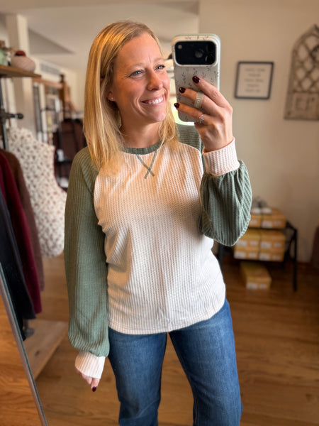 Olive & Oatmeal Waffle Color-Block Raglan