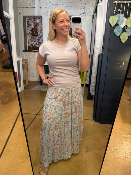Sky Blue Floral Tiered Maxi Skirt
