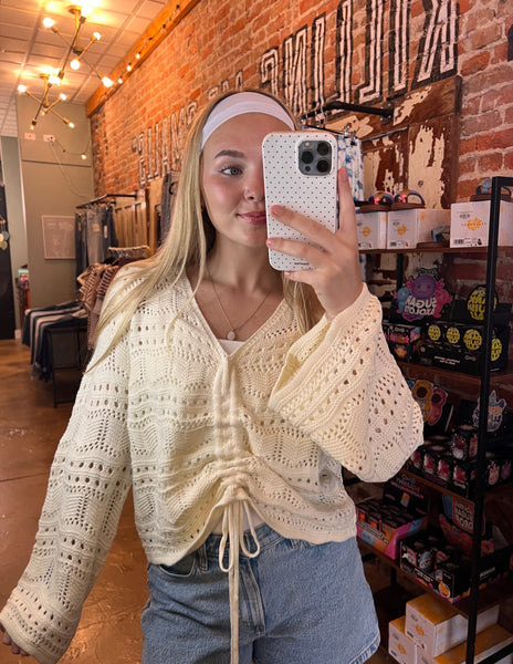 Ivory Pointelle Knit V-Neck Ruched Top