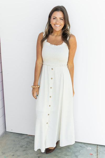 Natural Smocked Button Down Midi Dress