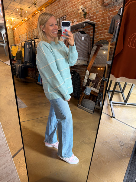 Blue Striped Drop Shoulder Sweater