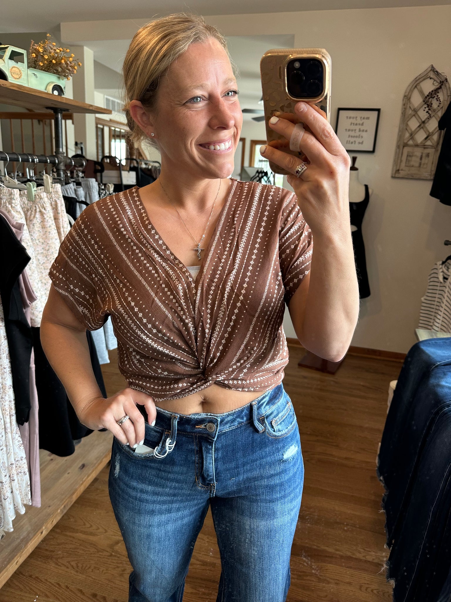 Brown Stripe Twist Knot Top