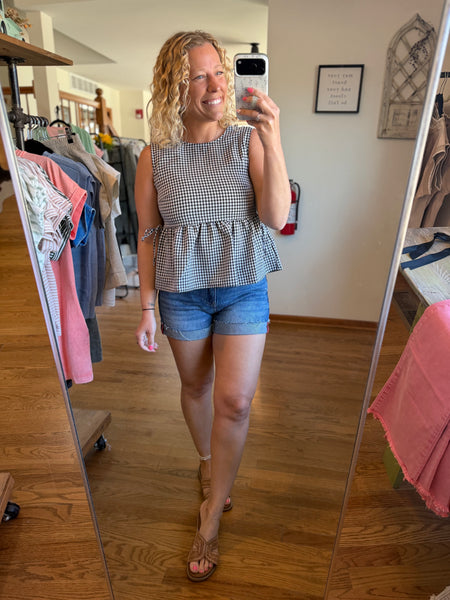 Black Gingham Sleeveless Peplum Top