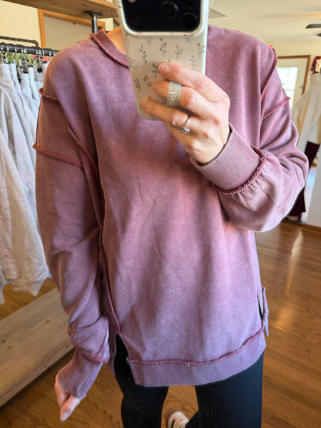 Vintage Plum Mineral Wash Exposed Seam Side Slit Sweatshirt