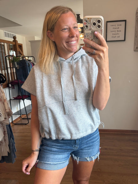 Heather Grey Drawstring Bottom Short Sleeve Hoodie