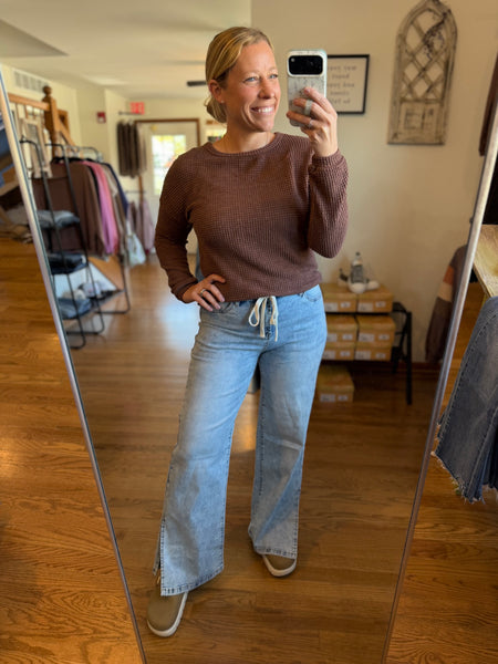 Mocha Waffle Knit Long Sleeve Top