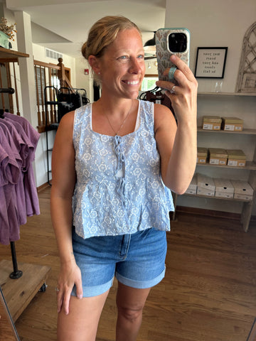 Sky Blue Floral Embroidered Front Tie Top