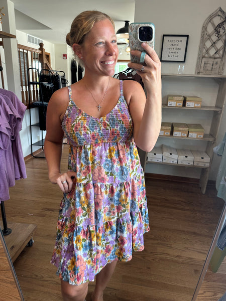Peach & Lavender Floral Smocked Bust Sundress