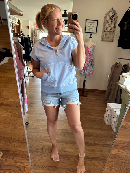Light Blue Hooded Short Sleeve Half Zip