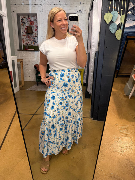 Blue Sunflower Tiered Maxi Skirt