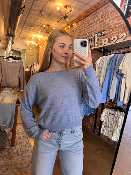 Light Blue Open Knit Pullover Top