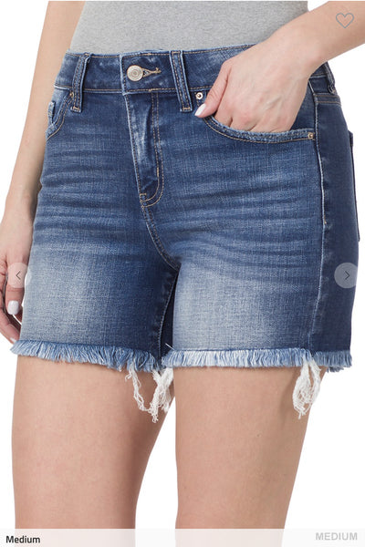 Mid-Rise Frayed Hem Denim Shorts