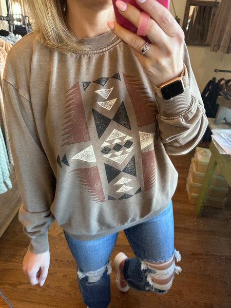 Taupe Aztec Mineral Wash Graphic Sweatshirt