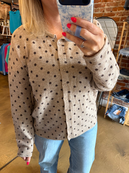 Polka Dot Button Down Raw Edge Knit Cardigan