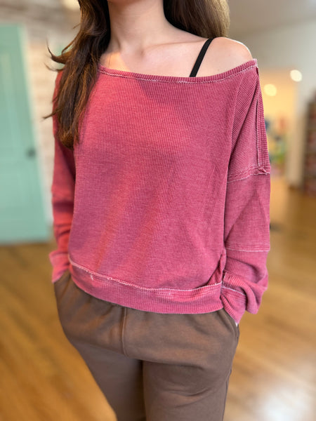 Garnet Red Raw Edge Waffle Knit Pullover