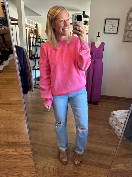 Fuchsia Acid Washed Fleece Oversized Pullover