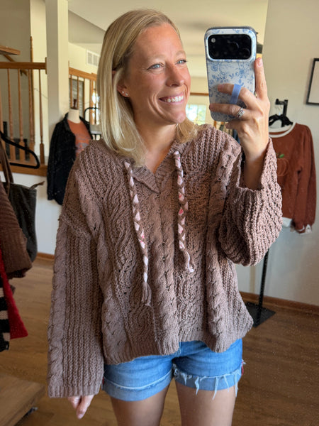 Chocolate Hooded Chenille Cable Knit Sweater