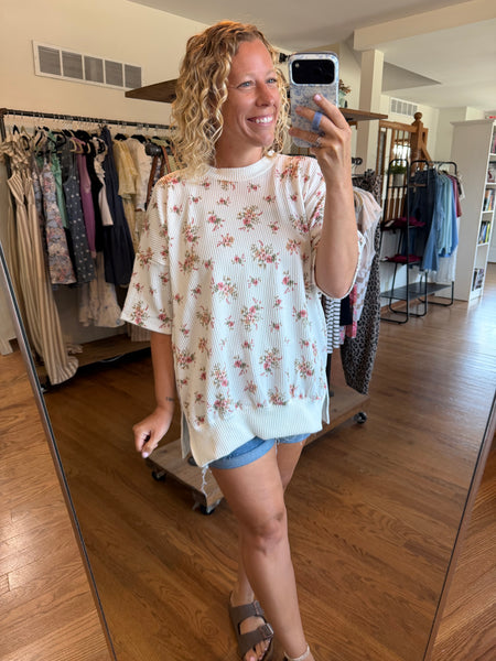 Ivory Floral Ribbed Short Sleeve Top