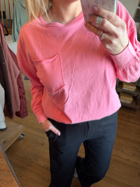 Taffy Pink Oversized Washed Long Sleeve Pocket Tee