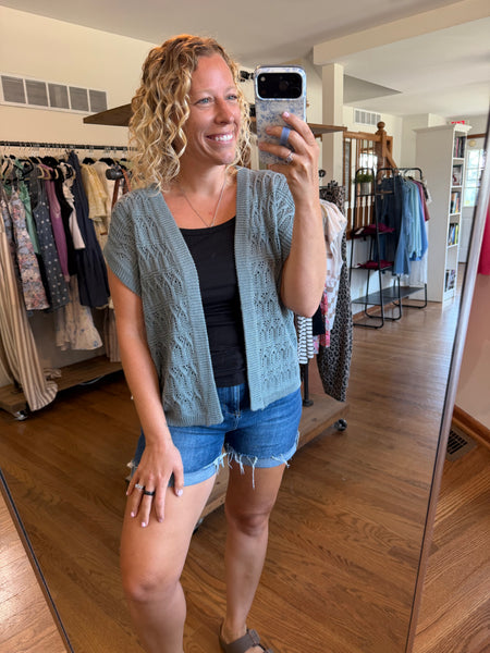 Teal Crochet Knit Short Sleeve Open Front Cardigan