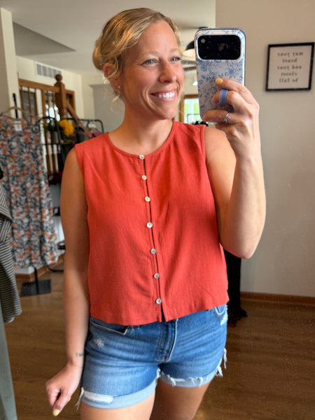 Coral Button Front Cropped Tank Top