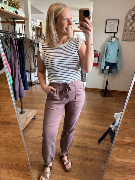 White & Black Stripe Flutter Sleeve Top