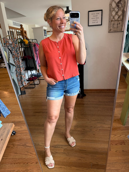 Coral Button Front Cropped Tank Top