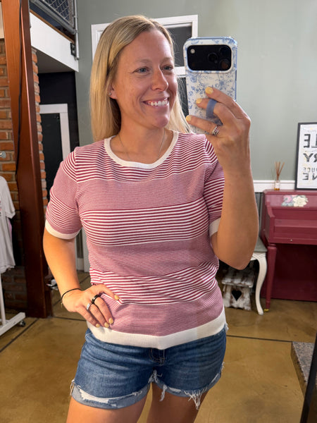 Magenta Stripe Short Sleeve Sweater