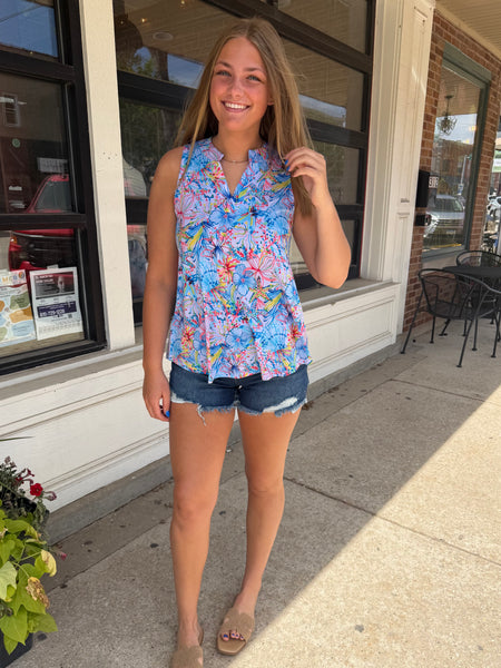 Aqua Tropical Floral Sleeveless Tank Top