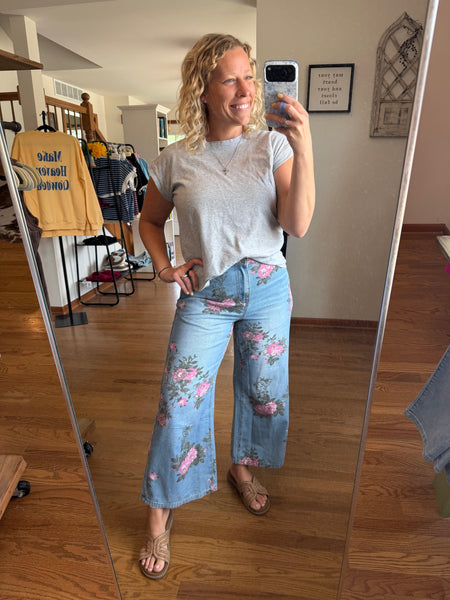 Sky Blue Floral Print Bootcut Jeans