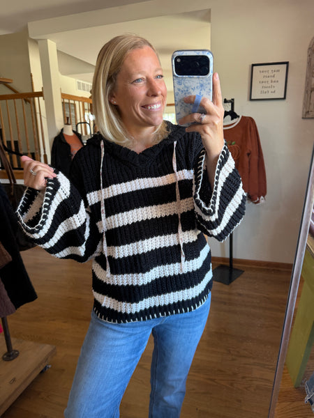 Black & Ivory Striped Oversized Chenille Hooded Sweater