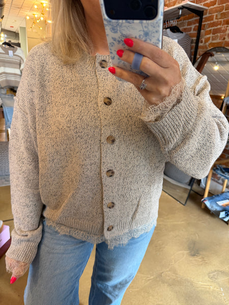 Lace Trim Exposed Seam Button Down Knit Cardigan