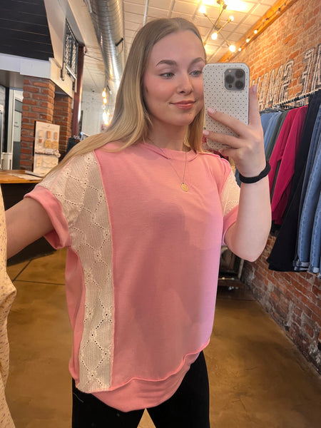 Pink & Ivory Lace Sleeve Tee