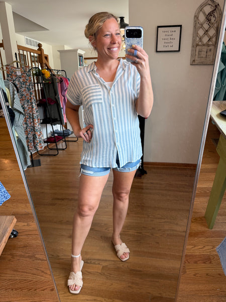White & Dusty Blue Stripe Short Sleeve Button Top