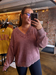 Burgundy Mineral Wash V-Neck Oversized Sweater