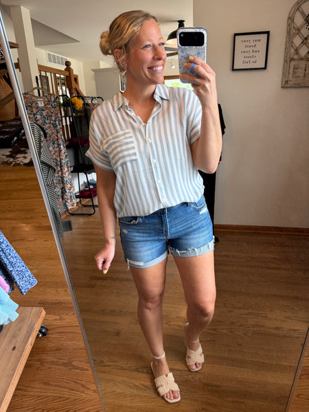 White & Dusty Blue Stripe Short Sleeve Button Top