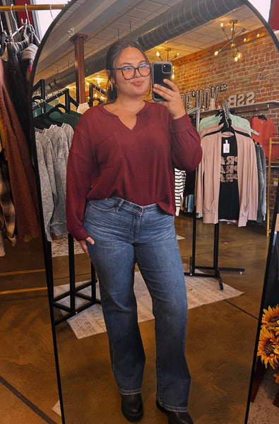 Burgundy V-Neck Textured Top