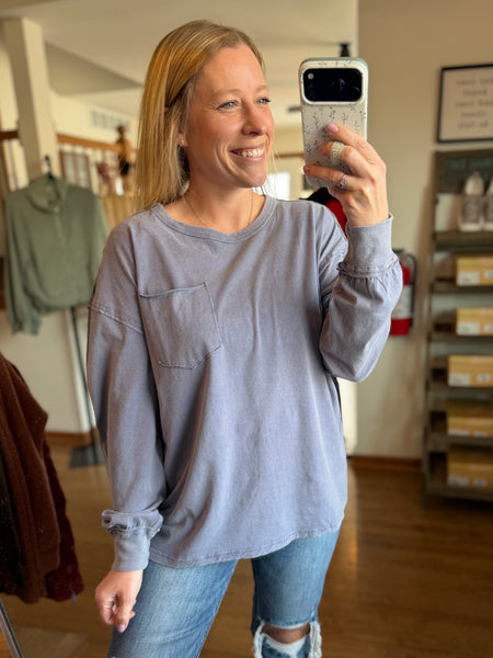Dusty Indigo Oversized Washed Long Sleeve Pocket Tee
