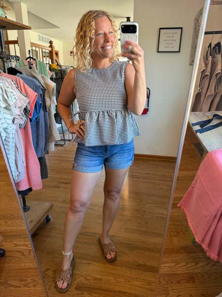 Black Gingham Sleeveless Peplum Top