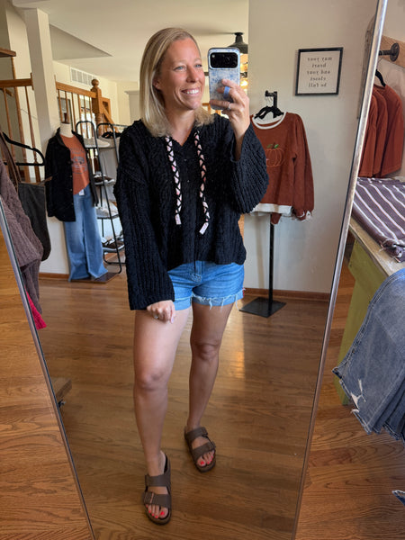 Black Hooded Chenille Cable Knit Sweater