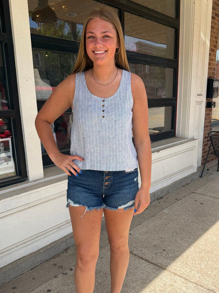 Denim Linen Cropped Henley Tank