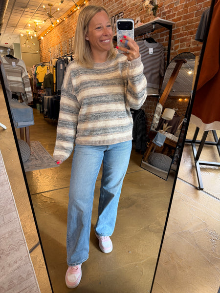 Light Gray and Mocha Heathered Stripe Knit Sweater