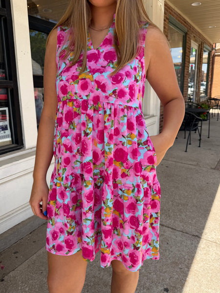 Aqua & Pink Floral Comfort Stretch Tiered Lizzy Dress