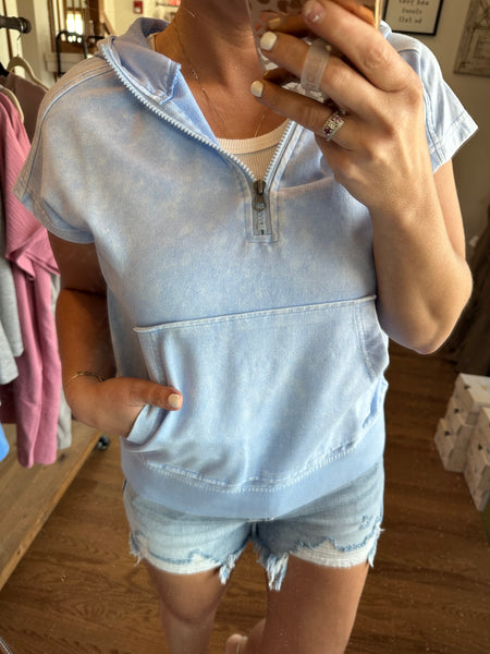 Light Blue Hooded Short Sleeve Half Zip