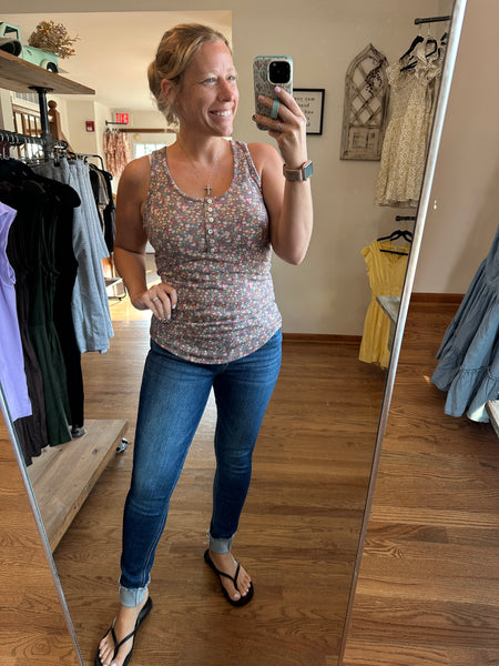 Charcoal Floral Button Tank Top