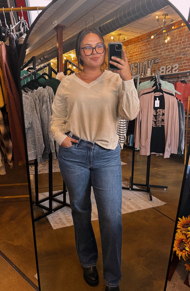 Washed Oatmeal V-Neck Top