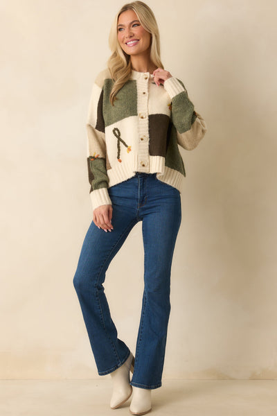 Olive Checkered Embroidered Knit Cardigan