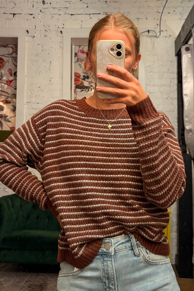 Rust Striped Waffle Knit Sweater