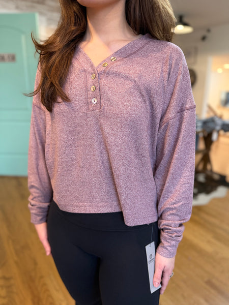 Dark Plum Brushed Hacci Button Long Sleeve Top